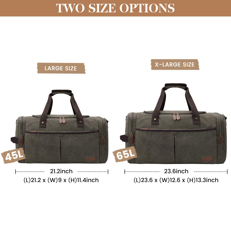 S-ZONE Canvas Duffel Bag for Travel 45L Weekender Overnight Bags with Shoes Compartment for Men - Image 4